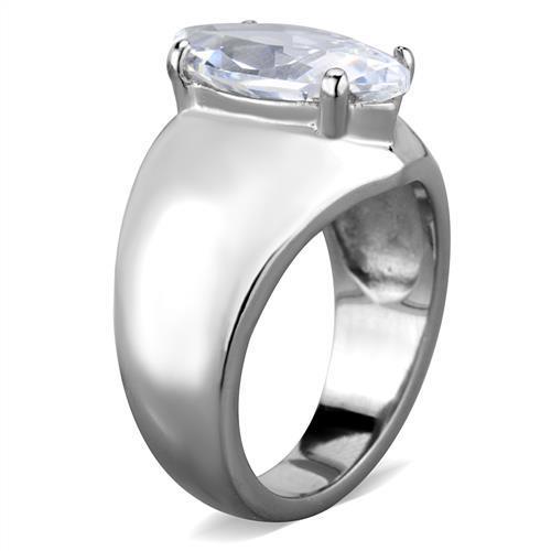 TK1774 High Polished Stainless Steel Ring featuring a clear AAA grade cubic zirconia center stone, showcasing its elegant design and shine.