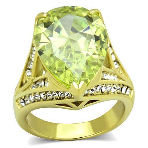 TK1743 IP Gold Stainless Steel Ring featuring AAA Grade CZ stones in apple green color, showcasing its elegant design and luxurious plating.