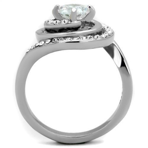 TK1746 High Polished Stainless Steel Ring featuring a clear AAA grade cubic zirconia center stone, showcasing its elegant design and shine.