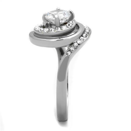 TK1746 High Polished Stainless Steel Ring featuring a clear AAA grade cubic zirconia center stone, showcasing its elegant design and shine.