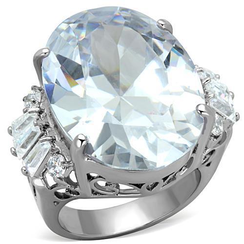 High polished stainless steel ring featuring a clear AAA grade cubic zirconia center stone, showcasing elegance and durability.