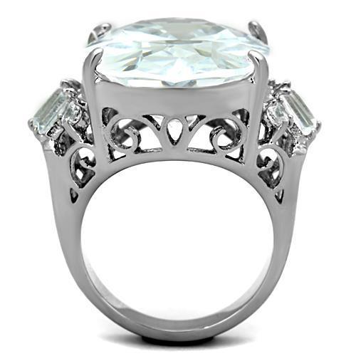 High polished stainless steel ring featuring a clear AAA grade cubic zirconia center stone, showcasing elegance and durability.