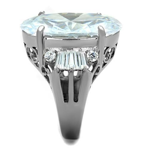 High polished stainless steel ring featuring a clear AAA grade cubic zirconia center stone, showcasing elegance and durability.