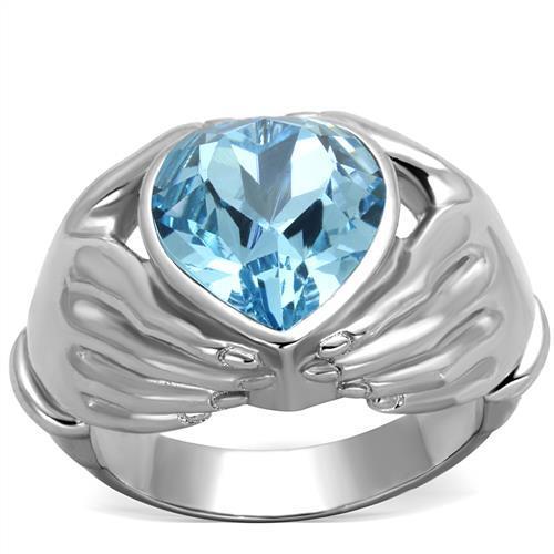 TK1775 High Polished Stainless Steel Ring featuring a vibrant sea blue top grade crystal, showcasing its elegant design and polished finish.