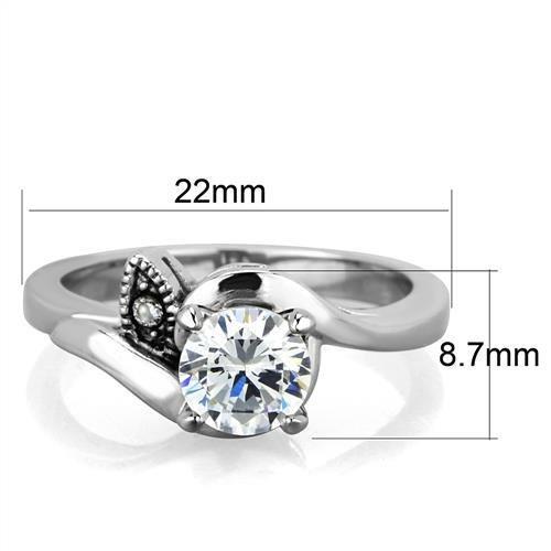 TK1776 High Polished Stainless Steel Ring featuring a clear AAA grade cubic zirconia center stone, showcasing a brilliant shine.