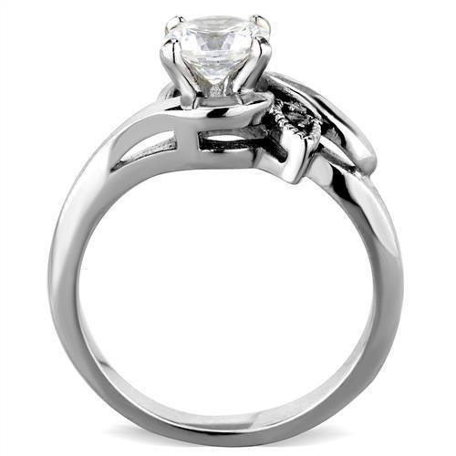 TK1776 High Polished Stainless Steel Ring featuring a clear AAA grade cubic zirconia center stone, showcasing a brilliant shine.