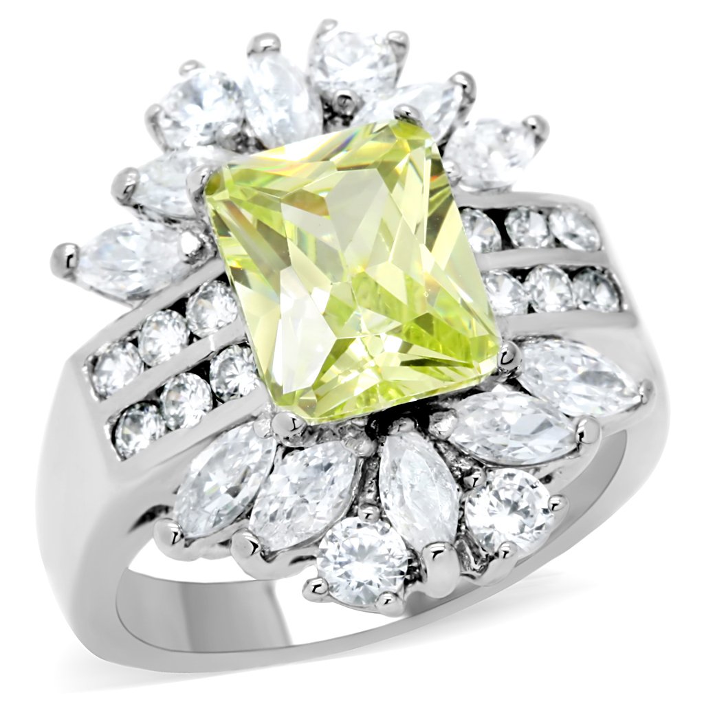TK176 High Polished Stainless Steel Ring featuring AAA Grade CZ in vibrant apple green color, showcasing its elegant design and shine.