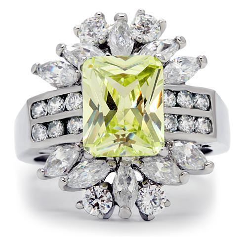 TK176 High Polished Stainless Steel Ring featuring AAA Grade CZ in vibrant apple green color, showcasing its elegant design and shine.