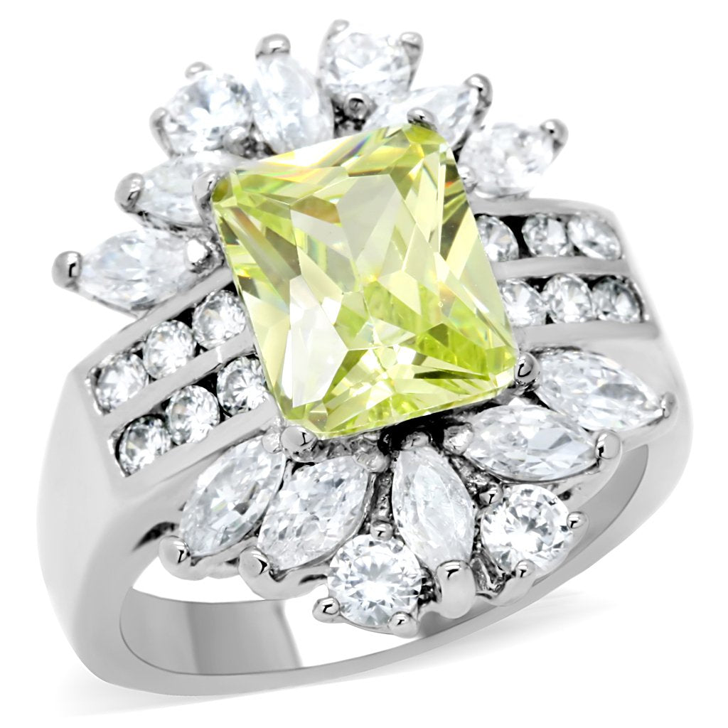 TK176 High Polished Stainless Steel Ring featuring AAA Grade CZ in vibrant apple green color, showcasing its elegant design and shine.