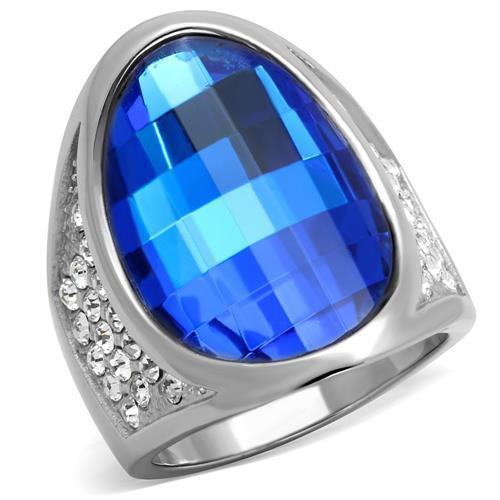 TK1778 High Polished Stainless Steel Ring featuring a Capri Blue synthetic glass stone, showcasing a sleek and modern design.