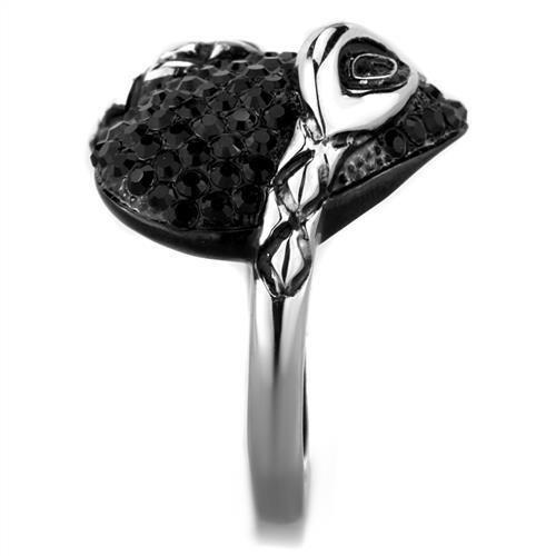 TK1788 Two-Tone IP Black Stainless Steel Ring featuring a jet-colored top-grade crystal centerpiece, showcasing a modern and elegant design.