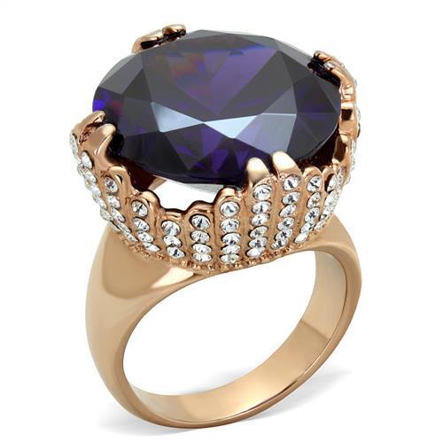 TK1786 IP Rose Gold Stainless Steel Ring featuring AAA Grade CZ stone in Amethyst color, elegantly designed for comfort and style.
