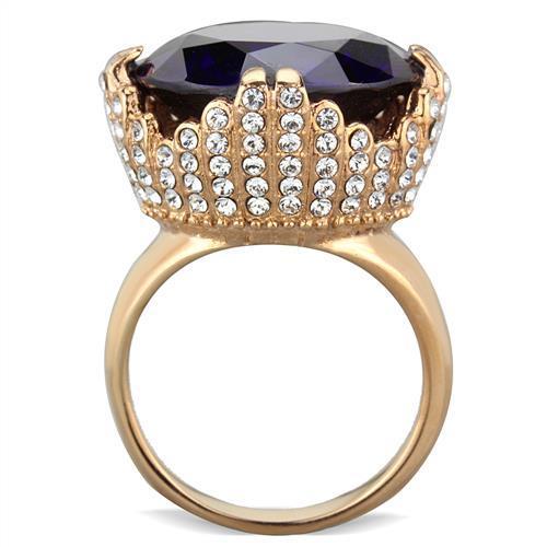 TK1786 IP Rose Gold Stainless Steel Ring featuring AAA Grade CZ stone in Amethyst color, elegantly designed for comfort and style.