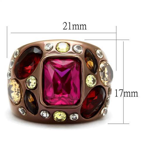 TK1790LC IP Coffee light Stainless Steel Ring featuring AAA Grade CZ and ruby center stone, showcasing its elegant design.