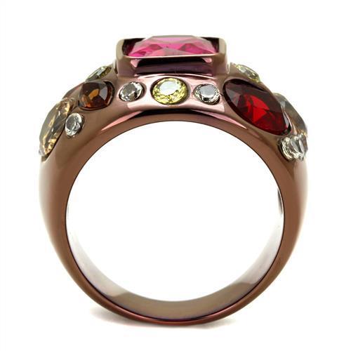 TK1790LC IP Coffee light Stainless Steel Ring featuring AAA Grade CZ and ruby center stone, showcasing its elegant design.