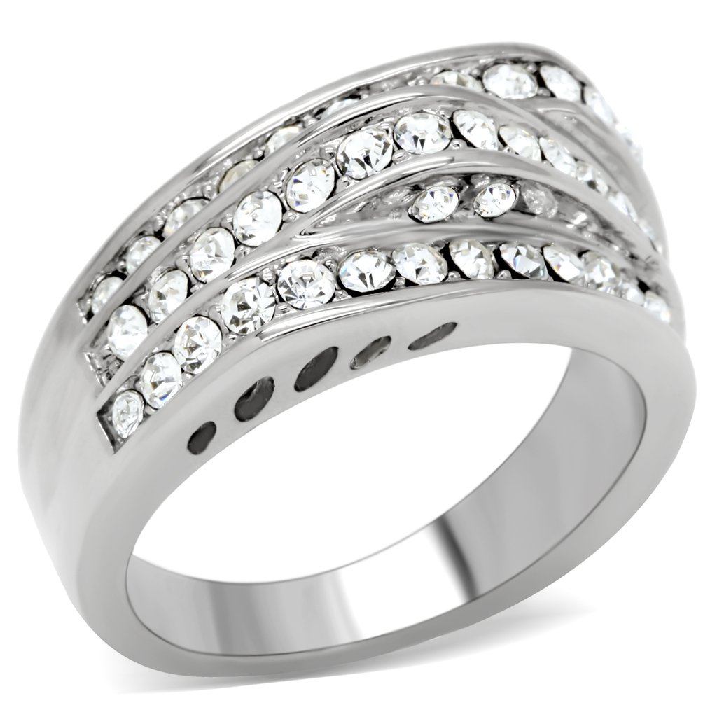 TK188 High Polished Stainless Steel Ring featuring a clear top grade crystal centerpiece, showcasing its elegant design and shine.