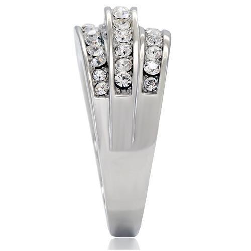 TK188 High Polished Stainless Steel Ring featuring a clear top grade crystal centerpiece, showcasing its elegant design and shine.