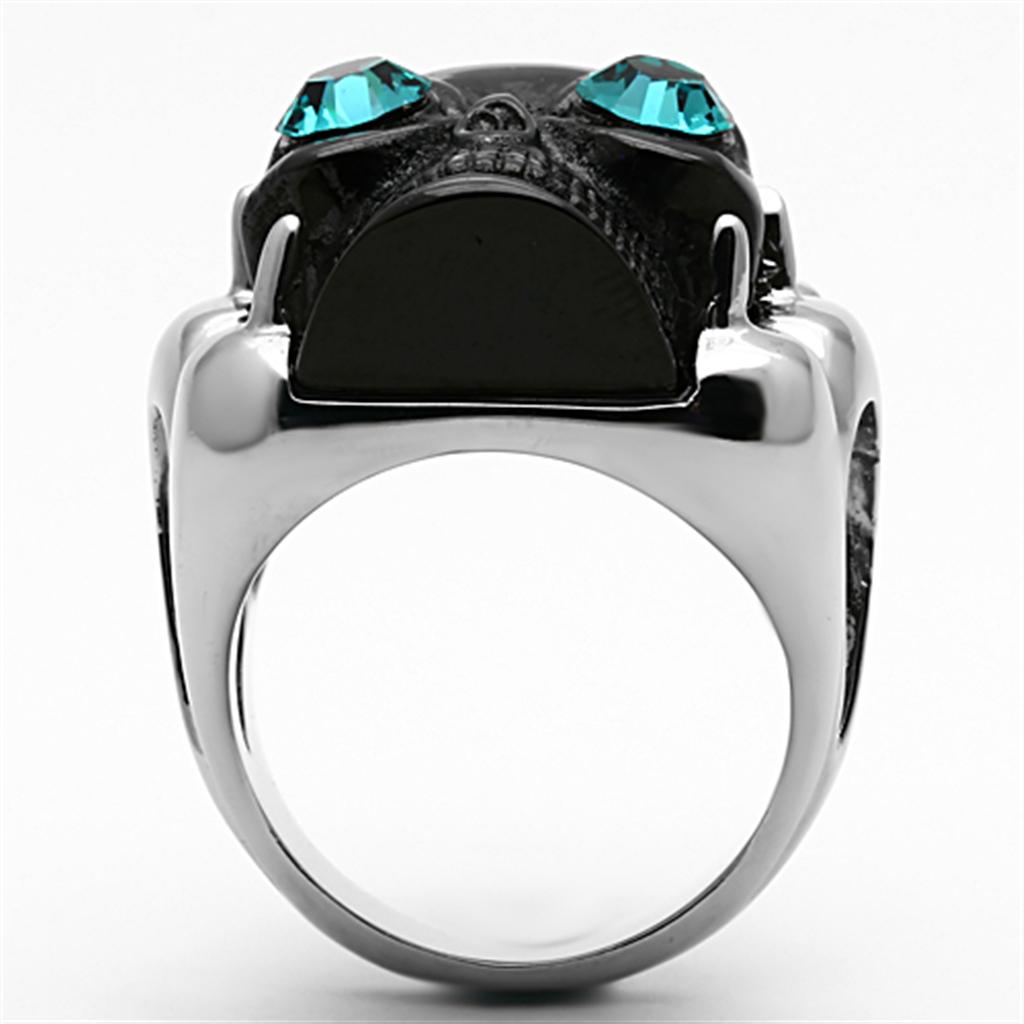 TK1118 Two-Tone IP Black Stainless Steel Ring featuring a blue zircon crystal centerpiece, showcasing its elegant design.