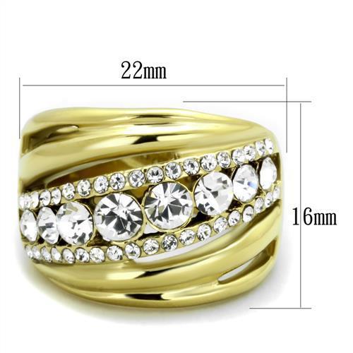 TK1880 IP Gold Stainless Steel Ring featuring a clear top-grade crystal centerpiece, showcasing its elegant design and luxurious finish.