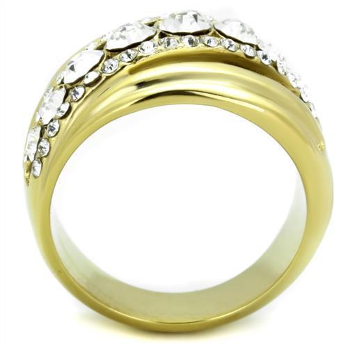 TK1880 IP Gold Stainless Steel Ring featuring a clear top-grade crystal centerpiece, showcasing its elegant design and luxurious finish.