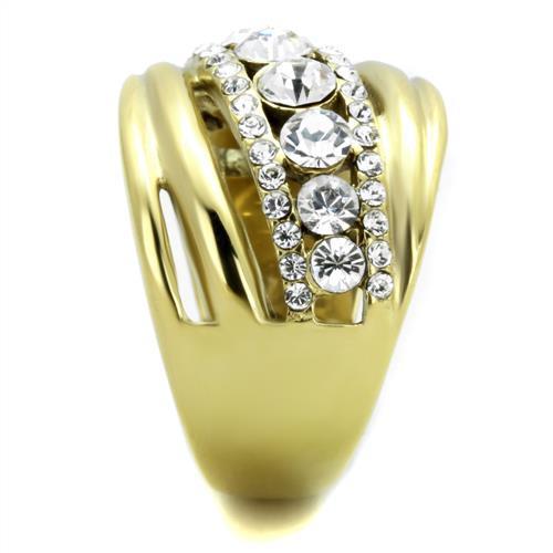 TK1880 IP Gold Stainless Steel Ring featuring a clear top-grade crystal centerpiece, showcasing its elegant design and luxurious finish.