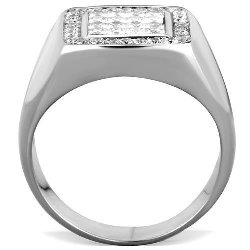 TK1802 High Polished Stainless Steel Ring featuring a clear AAA Grade CZ center stone, showcasing its elegant design and shiny finish.