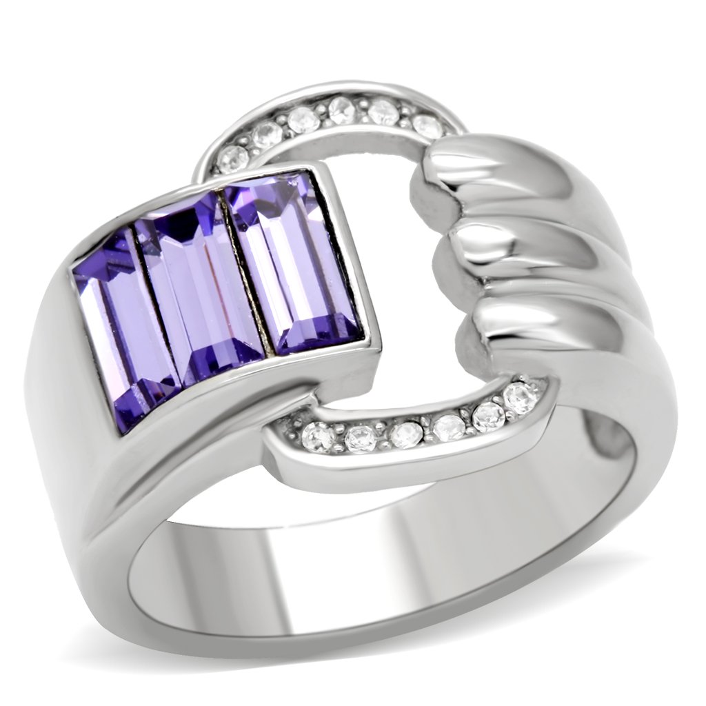 TK181 High Polished Stainless Steel Ring featuring a Top Grade Tanzanite crystal, showcasing its elegant design and shiny finish.