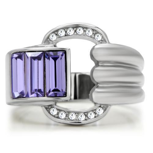 TK181 High Polished Stainless Steel Ring featuring a Top Grade Tanzanite crystal, showcasing its elegant design and shiny finish.