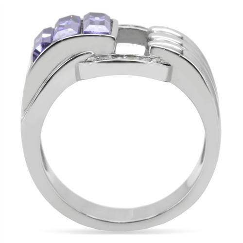 TK181 High Polished Stainless Steel Ring featuring a Top Grade Tanzanite crystal, showcasing its elegant design and shiny finish.