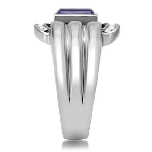 TK181 High Polished Stainless Steel Ring featuring a Top Grade Tanzanite crystal, showcasing its elegant design and shiny finish.