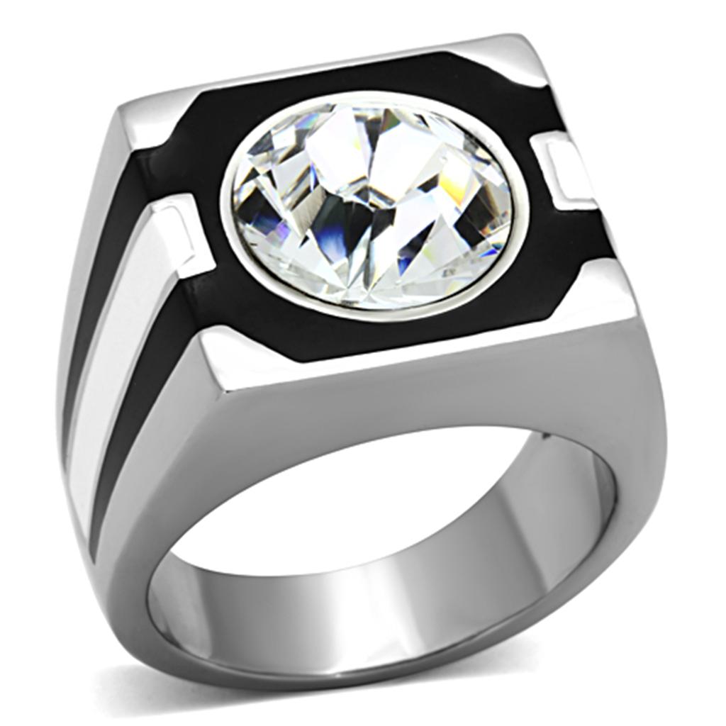 TK1181 High Polished Stainless Steel Ring featuring a clear top-grade crystal centerpiece, showcasing a sleek and modern design.