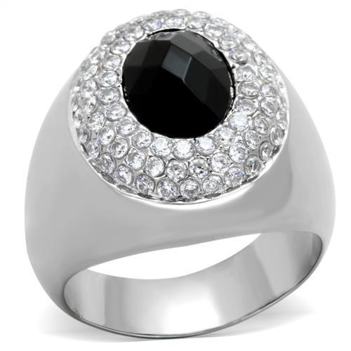 TK1812 High Polished Stainless Steel Ring featuring a jet black synthetic glass center stone, showcasing a sleek and modern design.