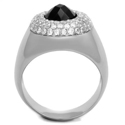 TK1812 High Polished Stainless Steel Ring featuring a jet black synthetic glass center stone, showcasing a sleek and modern design.