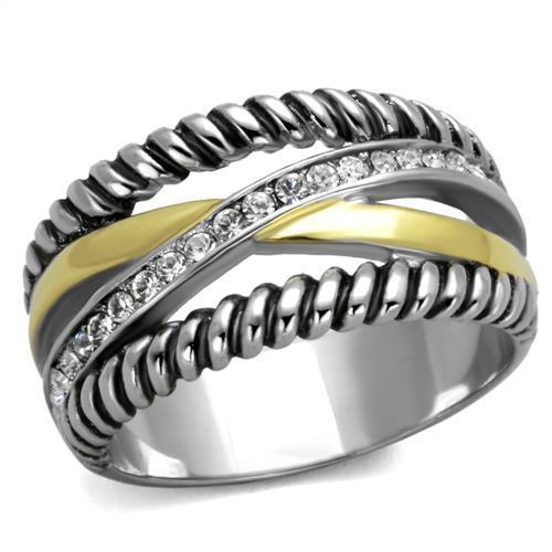 TK1825 Two-Tone IP Gold Stainless Steel Ring featuring a clear top-grade crystal centerpiece, showcasing a stylish and elegant design.