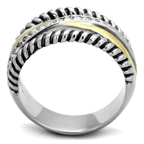 TK1825 Two-Tone IP Gold Stainless Steel Ring featuring a clear top-grade crystal centerpiece, showcasing a stylish and elegant design.
