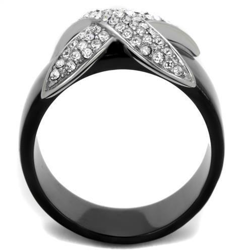 TK1839 Two-Tone IP Black Stainless Steel Ring featuring a clear top-grade crystal centerpiece, showcasing a modern and elegant design.