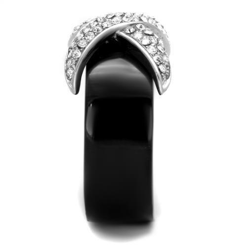 TK1839 Two-Tone IP Black Stainless Steel Ring featuring a clear top-grade crystal centerpiece, showcasing a modern and elegant design.