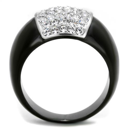 TK1840 Two-Tone IP Black Stainless Steel Ring featuring a clear top-grade crystal centerpiece, showcasing a modern and elegant design.