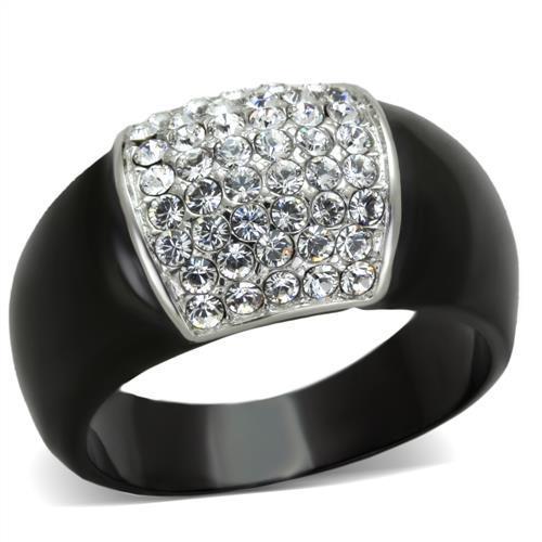 TK1840 Two-Tone IP Black Stainless Steel Ring featuring a clear top-grade crystal centerpiece, showcasing a modern and elegant design.
