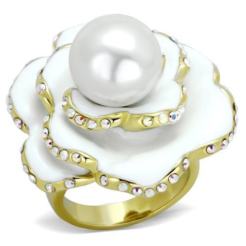 TK1847 IP Gold Stainless Steel Ring featuring a white synthetic pearl centerpiece, showcasing elegance and durability.