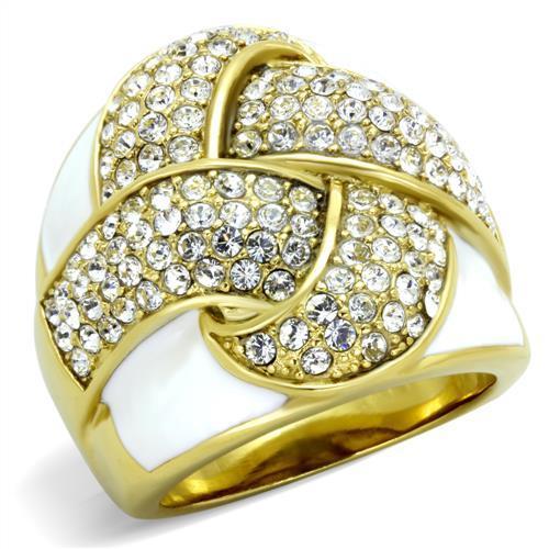 TK1848 IP Gold Stainless Steel Ring featuring a clear top-grade crystal centerpiece, showcasing elegance and durability.