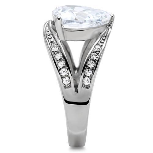 TK185 High Polished Stainless Steel Ring featuring a clear AAA Grade CZ center stone, showcasing its elegant design and shine.