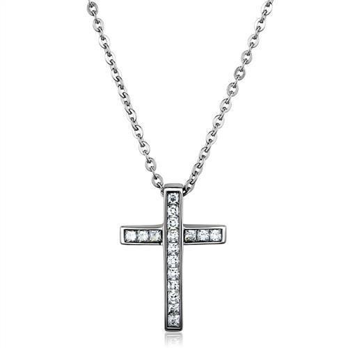TK1858 High Polished Stainless Steel Chain Pendant featuring a clear AAA Grade CZ stone, elegantly designed for everyday wear.