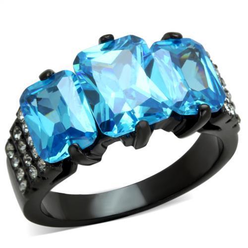 TK1866 IP Black Stainless Steel Ring featuring a sea blue AAA Grade CZ stone, showcasing its elegant design and modern finish.