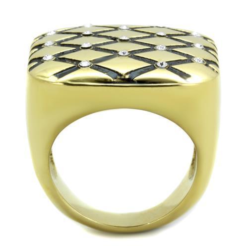 TK1886 IP Gold Stainless Steel Ring featuring a clear top-grade crystal centerpiece, showcasing its elegant design and luxurious finish.