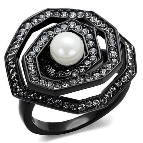 TK1861 IP Black Stainless Steel Ring featuring a white synthetic pearl, showcasing a sleek design and modern elegance.