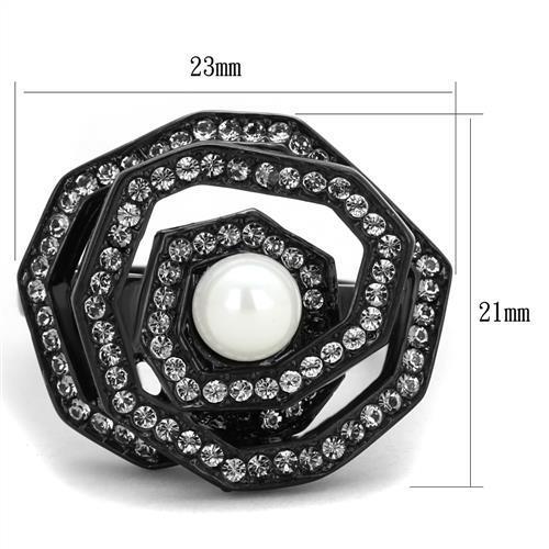 TK1861 IP Black Stainless Steel Ring featuring a white synthetic pearl, showcasing a sleek design and modern elegance.