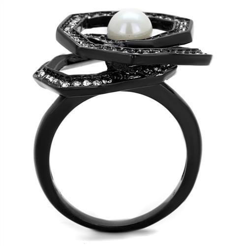 TK1861 IP Black Stainless Steel Ring featuring a white synthetic pearl, showcasing a sleek design and modern elegance.