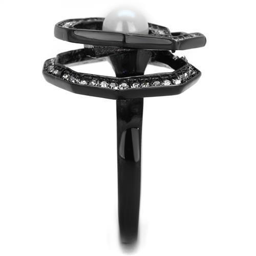 TK1861 IP Black Stainless Steel Ring featuring a white synthetic pearl, showcasing a sleek design and modern elegance.