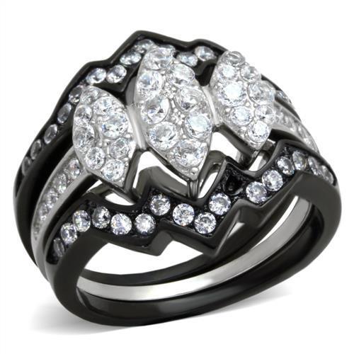 TK1869 Two-Tone IP Black Stainless Steel Ring featuring a clear AAA grade cubic zirconia stone, showcasing a modern and elegant design.